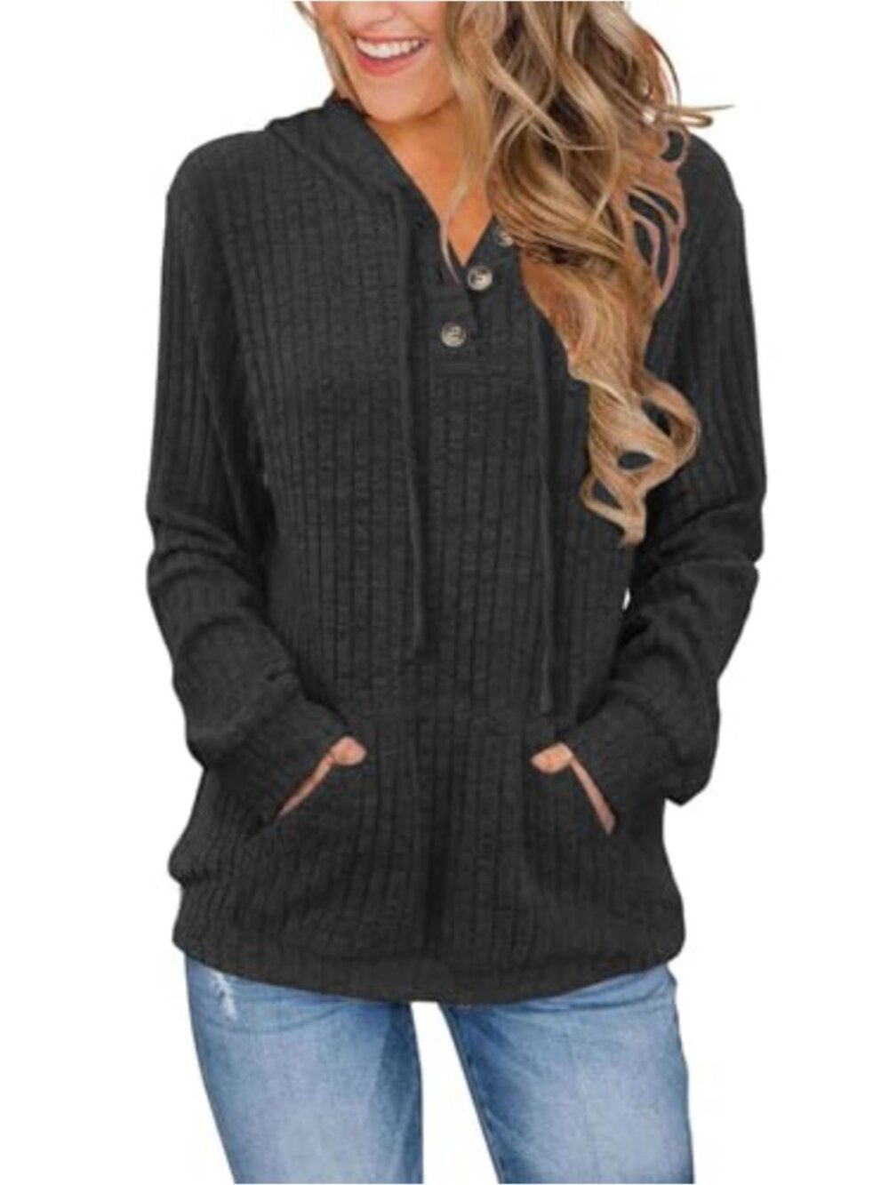 Ribbed Knit Long Sleeve Hoodie Pullover Sweatshirt with Kangaroo Pocket Tunic